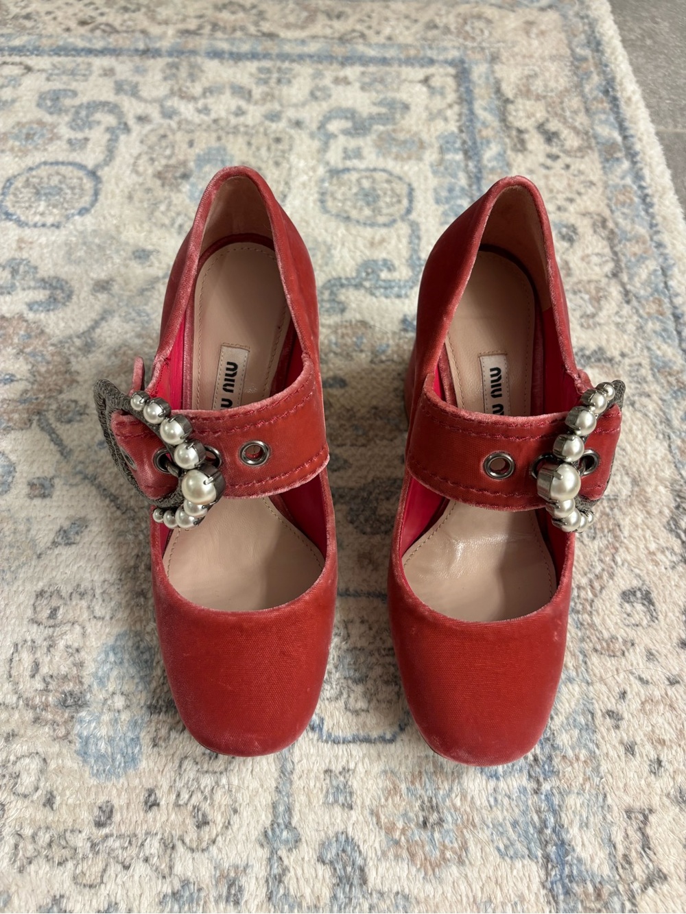 Miu Miu Red Velvet Mary Jane Heels with Pearl Buckle